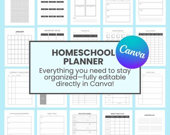 Puede incluir: Un planificador de escuela en casa imprimible con un fondo azul y el texto "HOMESCHOOL PLANNER" en un cuadro blanco. El planificador incluye páginas para 180 días, un año de un vistazo, un calendario mensual, fechas importantes, un registro de lectura, libros completados, un horario diario, asistencia, finalización de lecciones, requisitos de educación estatal, guías de materias, un planificador de excursiones, un plan de comidas semanal y una lista de compras.