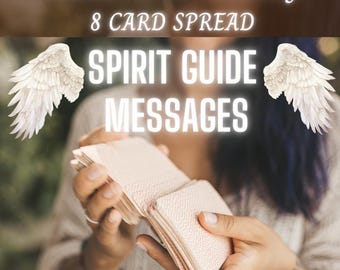 May include: An image with the text "EMAIL TAROT READING 8 CARD SPREAD SPIRIT GUIDE MESSAGES". The image shows a person holding a deck of tarot cards. White angel wings are on either side of the text.