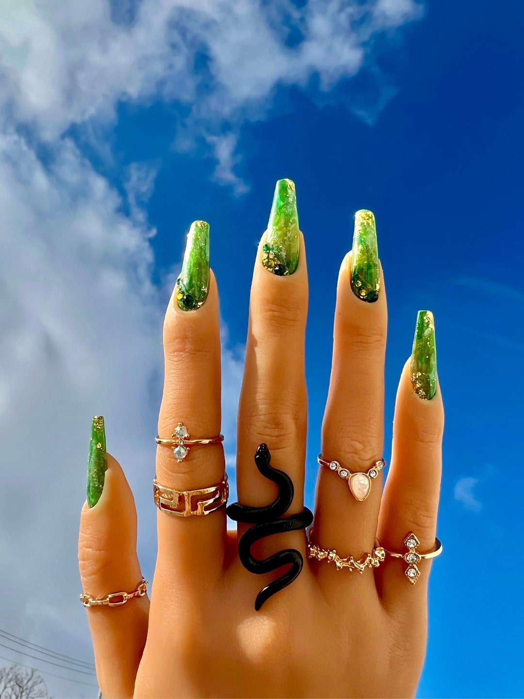 Green Quartz Nails Reusable Press on Set Green and Gold Etsy