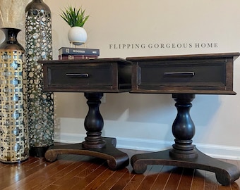 SOLD - EXAMPLE ONLY Pair of Pedestal Nightstands/End Tables with Faux-Wood Rustic Finish