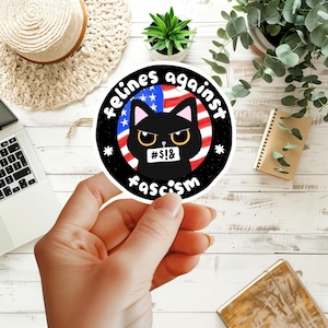 May include: A round sticker with the text "felines against fascism" encircling a black cat with an angry expression. The background features the American flag. The cat has a sign over its mouth with the symbols "#$!&".