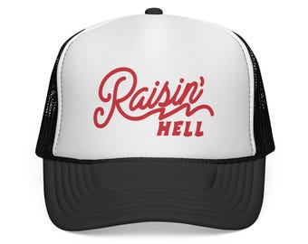 Raisin' Hell Trucker Hat, Vintage Graphic Mesh Hat, Trendy Quote Foam Front Snapback