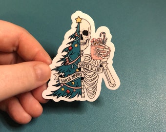 Sorta Merry Sorta Scary Waterproof Sticker, Christmas Tree Sticker, Christmas Skeleton Sticker, Spooky Christmas Sticker, Festive Holidays