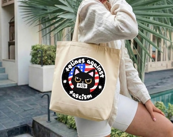Bolso de tela con el lema "Felines Against Fascism" (Gatos contra el fascismo), gato negro, bandera estadounidense, antifascista, prodemocracia, bolso de mercado liberal.