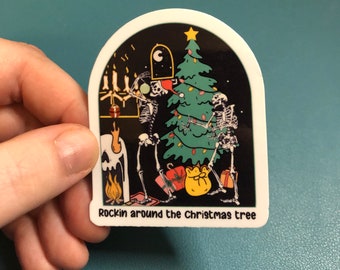 Rockin' Around The Christmas Tree Waterproof Sticker, Dancing Christmas Skeletons Sticker, Dark Christmas Sticker, Christmas Tree Sticker