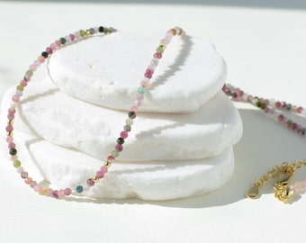 Colorful Gemstone Bead Choker Tiny Crystals Tourmaline Necklace Watermelon Choker Small Rainbow Bead Necklace Layering Seed Bead Gold Stones