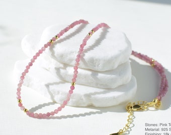 Pink tiny bead choker small beaded necklace dainty gold pink minimalist choker layering gemstone tourmaline small necklace gift for her