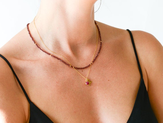 Small Bead Choker Red Garnet Gemstone Necklace Crystal Tiny Bead Choker Dainty Necklace Minimalist Valentines Gift for Her Birthday Gift