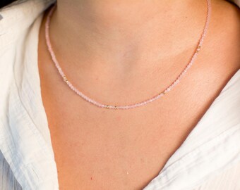 Rose Quartz Bead Necklace, 925 Silver Dainty Choker