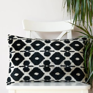 Black beige velvet pillow, handwoven silk velvet ikat lumbar pillow case