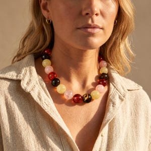 May include: A beaded necklace featuring a sequence of round, polished beads in varying shades of translucent amber, dark brown, pale yellow, and soft pink. The beads are strung together in a repeating pattern, creating a colorful accessory.