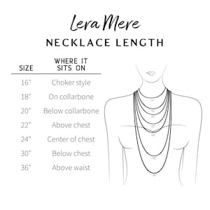 May include: A chart showing necklace lengths in inches and where they sit on the body. The chart shows lengths from 16 inches to 36 inches, with corresponding descriptions like "Choker style", "On collarbone", "Below collarbone", "Above chest", "Center of chest", "Below chest", and "Above waist".