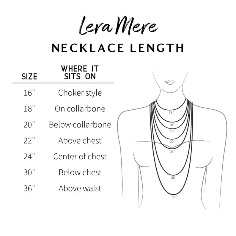 May include: A chart showing necklace lengths in inches and where they sit on the body. The chart shows lengths from 16 inches to 36 inches, with corresponding descriptions like "Choker style", "On collarbone", "Below collarbone", "Above chest", "Center of chest", "Below chest", and "Above waist".