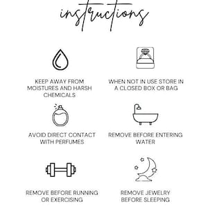 May include: A black and white graphic with jewelry care instructions. Text includes "Keep away from moisture", "Avoid direct contact with perfumes", "Remove before running", "When not in use store in a closed box or bag", "Remove before entering water", and "Remove jewelry before sleeping".