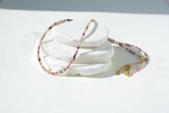 Colorful Gemstone Bead Choker Tiny Crystals Tourmaline Necklace Watermelon Choker Small Rainbow Bead Necklace Layering Seed Bead Gold Stones