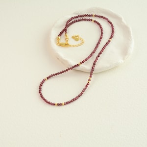 May include: A delicate gold chain necklace with small, dark red garnet beads. The necklace is displayed on a white ceramic plate.