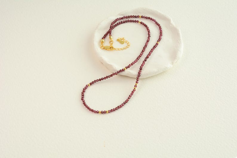 May include: A delicate gold chain necklace with small, dark red garnet beads. The necklace is displayed on a white ceramic plate.