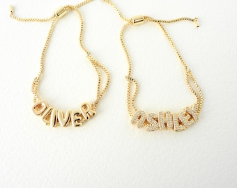 Bubble Name Bracelet Custom Letter Jewelry Monogram Adjustable: Gold or Gold Glitter