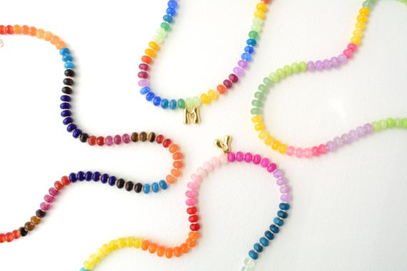 Rainbow Gemstone Bead Necklace – Gold Initial Pendant, 18 in
