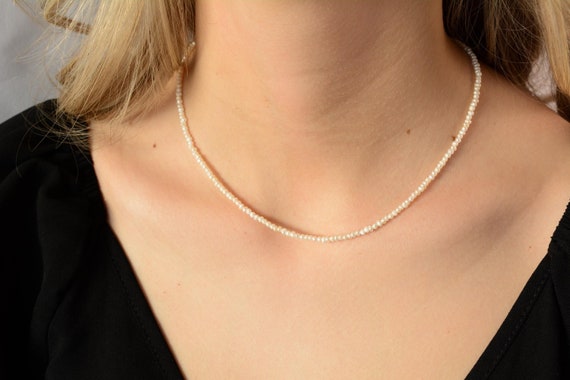 Dainty Pearl Choker Necklace • Tiny Seed Bead Pearls • Minimalist Short Layering Necklace