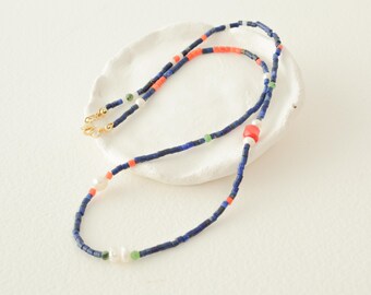 Lapis Lazuli Beaded Necklace: Pearl, Coral, Ruby Zoisite, 925 Silver, 16 inch