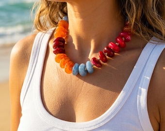 Hand Knotted Chunky Beaded Necklace Colorful Choker Statement Necklace  18 inches Colored Acrylic Beads Gift for Girlfriend Everyday Jewelry