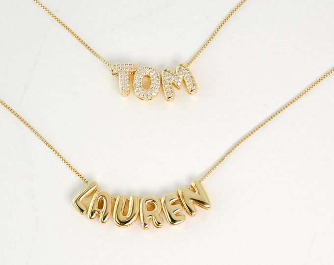 Custom Name Necklace Tiny Bubble Letters Necklace Diamond Gold Letters 3D Necklace Balloon Monogram Name Necklace Personalized Gift for Her