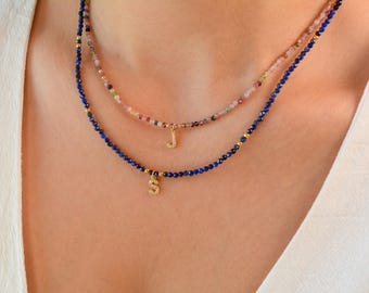 Tiny Bead Necklace Initial Custom Letter Choker Colorful Small Bead Necklace Personalized Minimalist Choker Dainty Crystal Bead Necklace