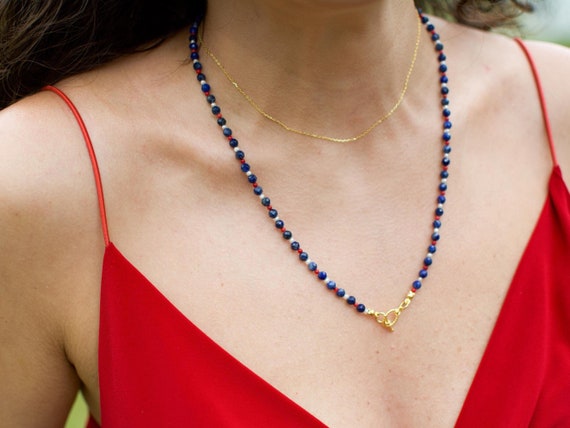 Lapis Lazuli Beaded Necklace, Coral & Pearl Accent, 18k Gold Plated