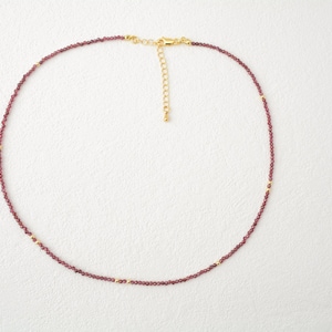 May include: A delicate necklace featuring small, deep red garnet beads strung together, accented with tiny gold-toned metal spacers. The piece includes a gold-toned lobster claw clasp and an adjustable extender chain for a customizable fit.