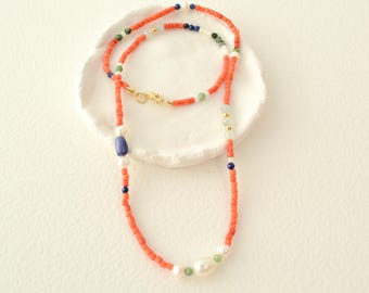 Colorful Beaded Necklace: Natural Stone, Pearls, 925 Silver