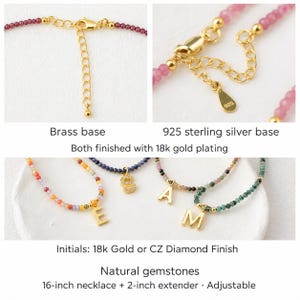 May include: A collection of beaded necklaces featuring natural gemstones in various colors, each with an 18k gold-plated initial pendant. The necklaces include a 16-inch chain with a 2-inch extender, featuring brass or 925 sterling silver bases.