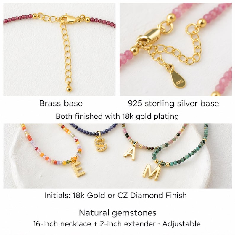 May include: A collection of beaded necklaces featuring natural gemstones in various colors, each with an 18k gold-plated initial pendant. The necklaces include a 16-inch chain with a 2-inch extender, featuring brass or 925 sterling silver bases.