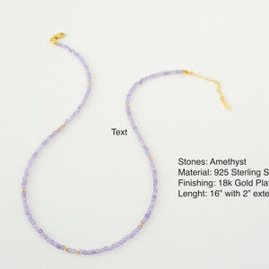May include: A delicate necklace made with amethyst stones and a gold finish. The necklace is 16 inches long with a 2 inch extension. Stones: Amethyst. Material: 925 Sterling Silver. Finishing: 18k Gold Plate. Lenght: 16" with 2" extension.