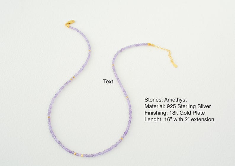 May include: A delicate necklace made with amethyst stones and a gold finish. The necklace is 16 inches long with a 2 inch extension. Stones: Amethyst. Material: 925 Sterling Silver. Finishing: 18k Gold Plate. Lenght: 16" with 2" extension.