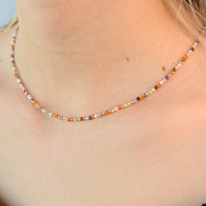 Puede incluir: Un collar delicado hecho de peque&ntilde;as cuentas de colores. Las cuentas est&aacute;n dispuestas en un patr&oacute;n aleatorio, creando un dise&ntilde;o &uacute;nico y llamativo.