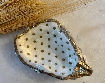 Gold Trim Oyster Shell Ring Dish: Coastal Home Decor