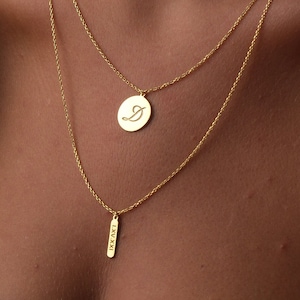 Round And Rectangular Two Chain Plate Necklace, Best Gift for Mom, Circle And Rectangle Necklace, Vertical Roman Numeral Date Necklace