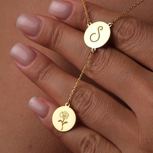 BirthFlower Necklaces for Women Bridesmaid Gift for Her, Custom Plate Letter Double Disc Necklace Birthday Gift Engraved Friendship Necklace