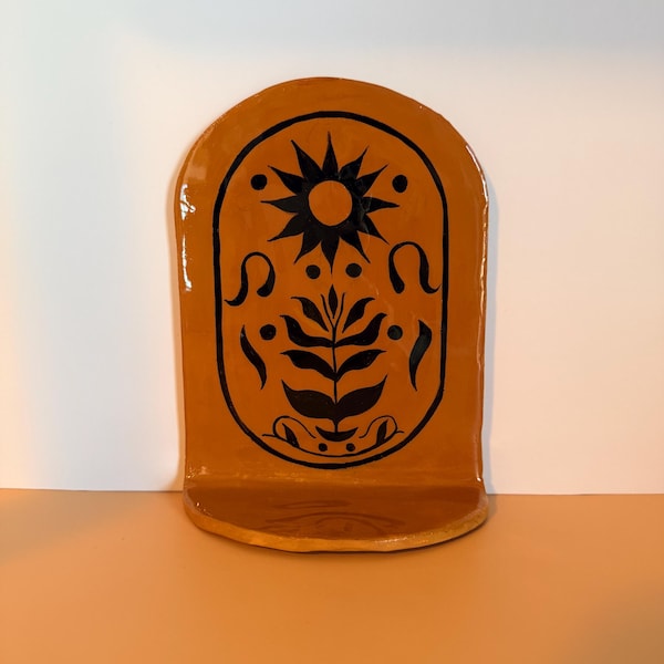 Ochre Sun Altar | Hand Painted Ceramic Wall Shelf | Celestial Shrine Folk Art Altar