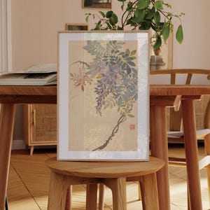 Wisteria Flowers Wall Art Print – Korean Heritage Asian Art Botanical Poster, Traditional Flower Painting for Elegant Home Wall Decor