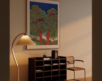 May include: An interior scene featuring a framed artwork with a nature-themed print, a dark wood storage cabinet, a curved floor lamp with a pleated shade, and a woven chair. The artwork depicts trees with green foliage and red trunks against a blue sky.