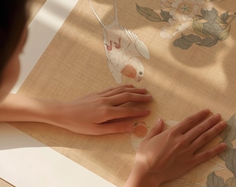 May include: A detailed illustration of a bird with white and peach-colored feathers, set against a beige background with floral and leaf motifs. The artwork is reminiscent of traditional Asian art styles.