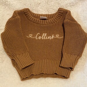 Personalized Baby and Toddler Sweater with Embroidered Name | Embroidered Pullover Knit Sweater | 0-24 months | Script Font | Hearts