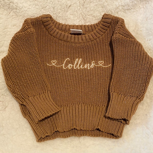 Personalized Baby and Toddler Sweater with Embroidered Name | Embroidered Pullover Knit Sweater | 0-24 months | Script Font | Hearts