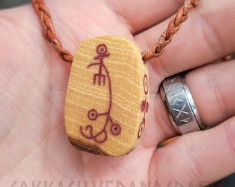 Icelandic Magic Stave Rune Pendant |  Óttastafur  |  Hickory wood | Hand tooled |  Hand worked | Leather braided necklace non adjustable