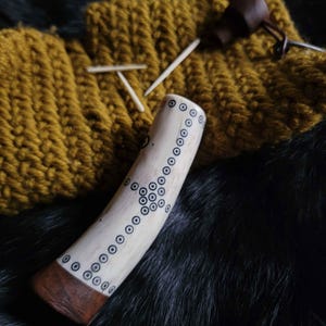Viking Needle Case, Made from Elk Antler with Traditional Patterns, 3 bone needles included