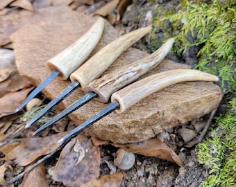 Small Hand Forged | Iron Push Awl | Antler handle | Reenactment Leather Awl | Viking leather Awl | Medieval Leatherworking | Iron Age tool