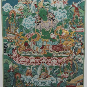 Tibetan Thangka Painting, Silk braid Painting Green Tara Buddha bodhisattva Nepal Buddhism Tangka Wall Hanging for Meditation Buddhist Decor