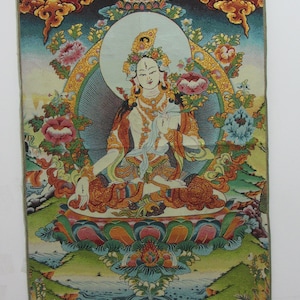 Tibetan Thangka Painting, Nice Silk braid Painting White Tara Nepal Buddhism Tangka Wall Hanging for Meditation Buddhist Decoration SY2644